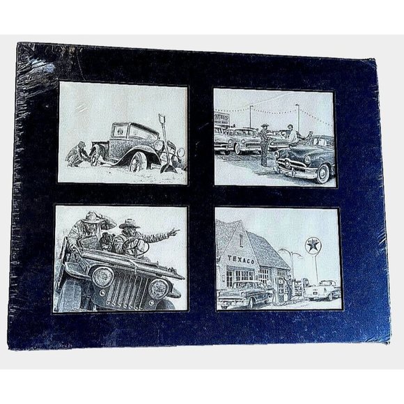 Antique VTG Automobile Car Texaco Gas Station Illustration Drawing Print Set / 4